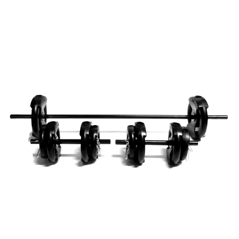 Kit Pesas 24kg con Barra 1.30m + Mancuernas + Discos PVC Negros con Manijas | Set de Fuerza Completo