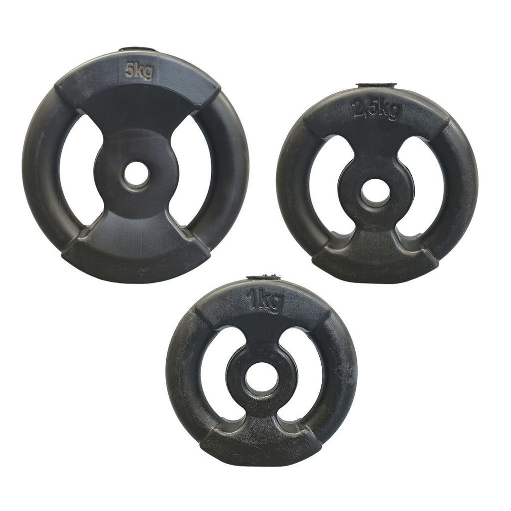 Kit Pesas 24kg con Barra 1.30m + Mancuernas + Discos PVC Negros con Manijas | Set de Fuerza Completo