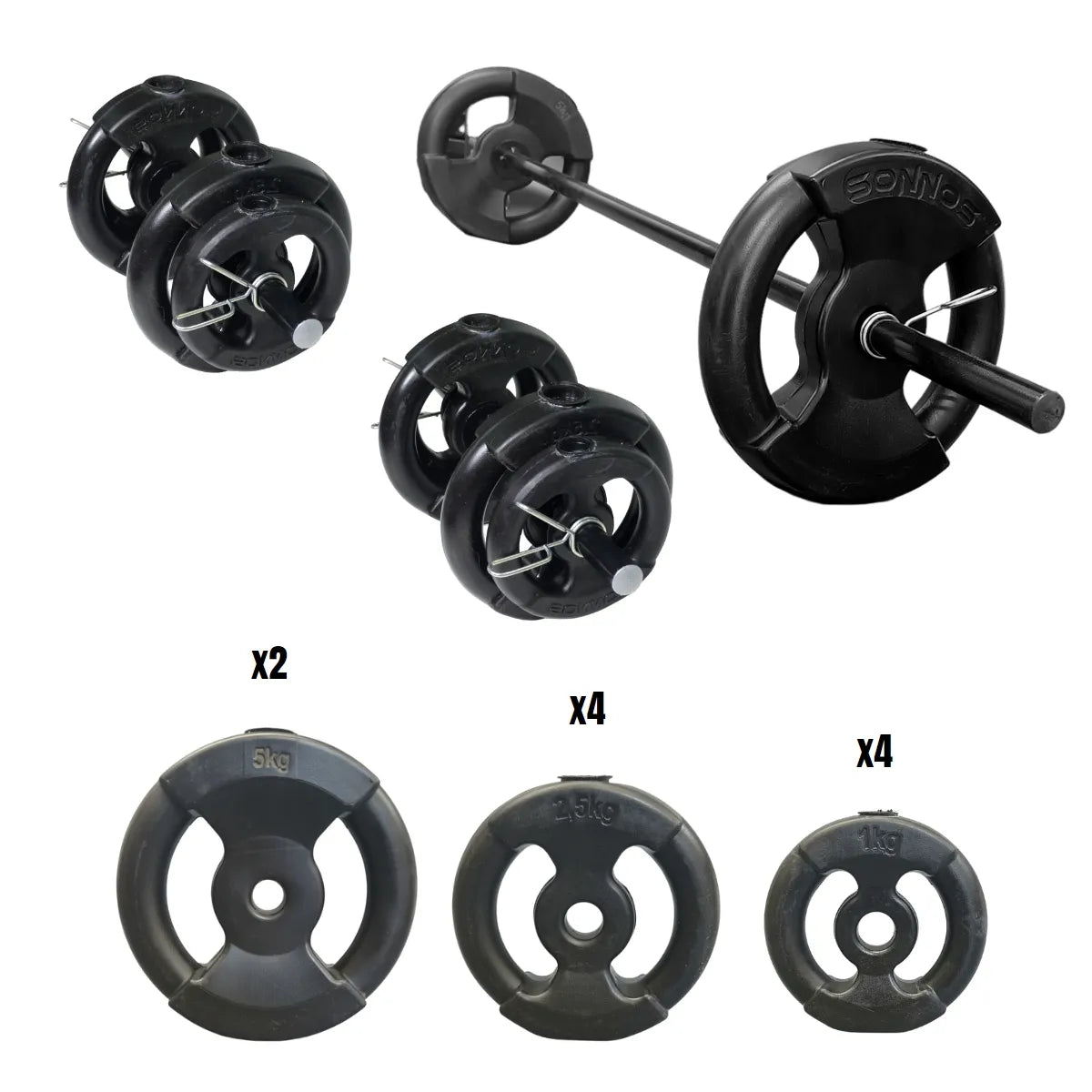 Kit Pesas 24kg con Barra 1.30m + Mancuernas + Discos PVC Negros con Manijas | Set de Fuerza Completo