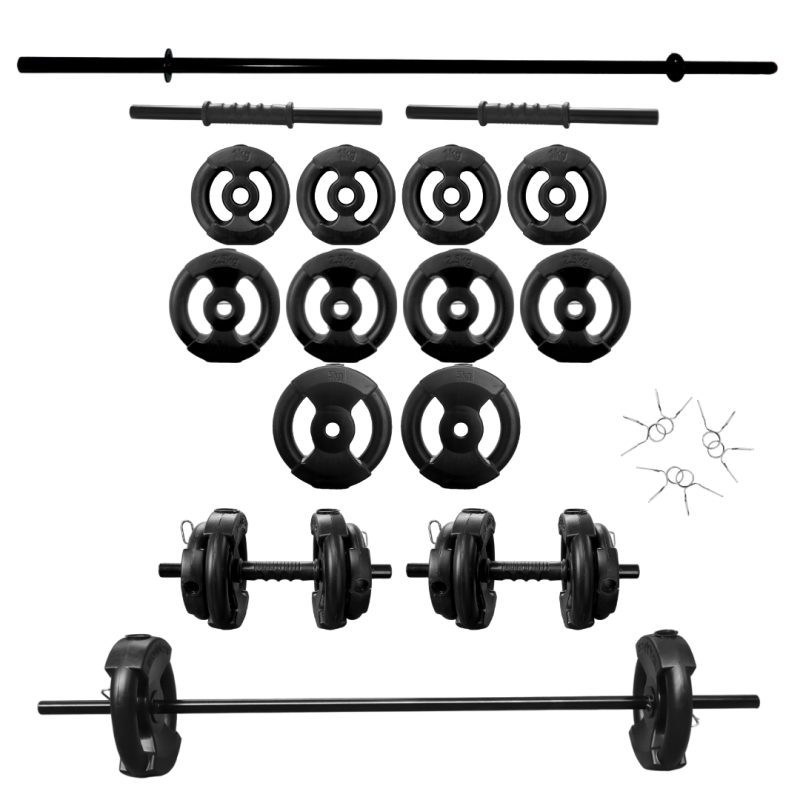 Kit Pesas 24kg con Barra 1.30m + Mancuernas + Discos PVC Negros con Manijas | Set de Fuerza Completo