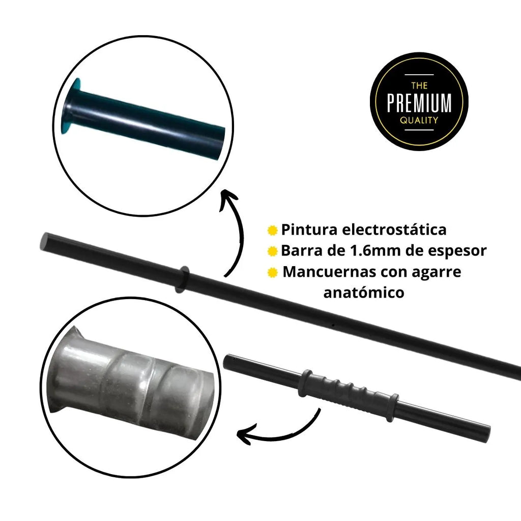 Kit Pesas 24kg con Barra 1.30m + Mancuernas + Discos PVC Negros con Manijas | Set de Fuerza Completo