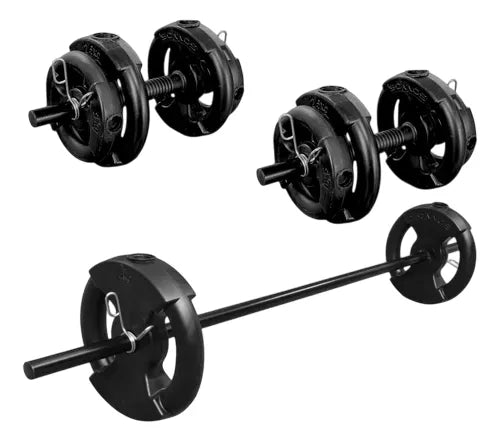 Kit Pesas 24kg con Barra 1.30m + Mancuernas + Discos PVC Negros con Manijas | Set de Fuerza Completo