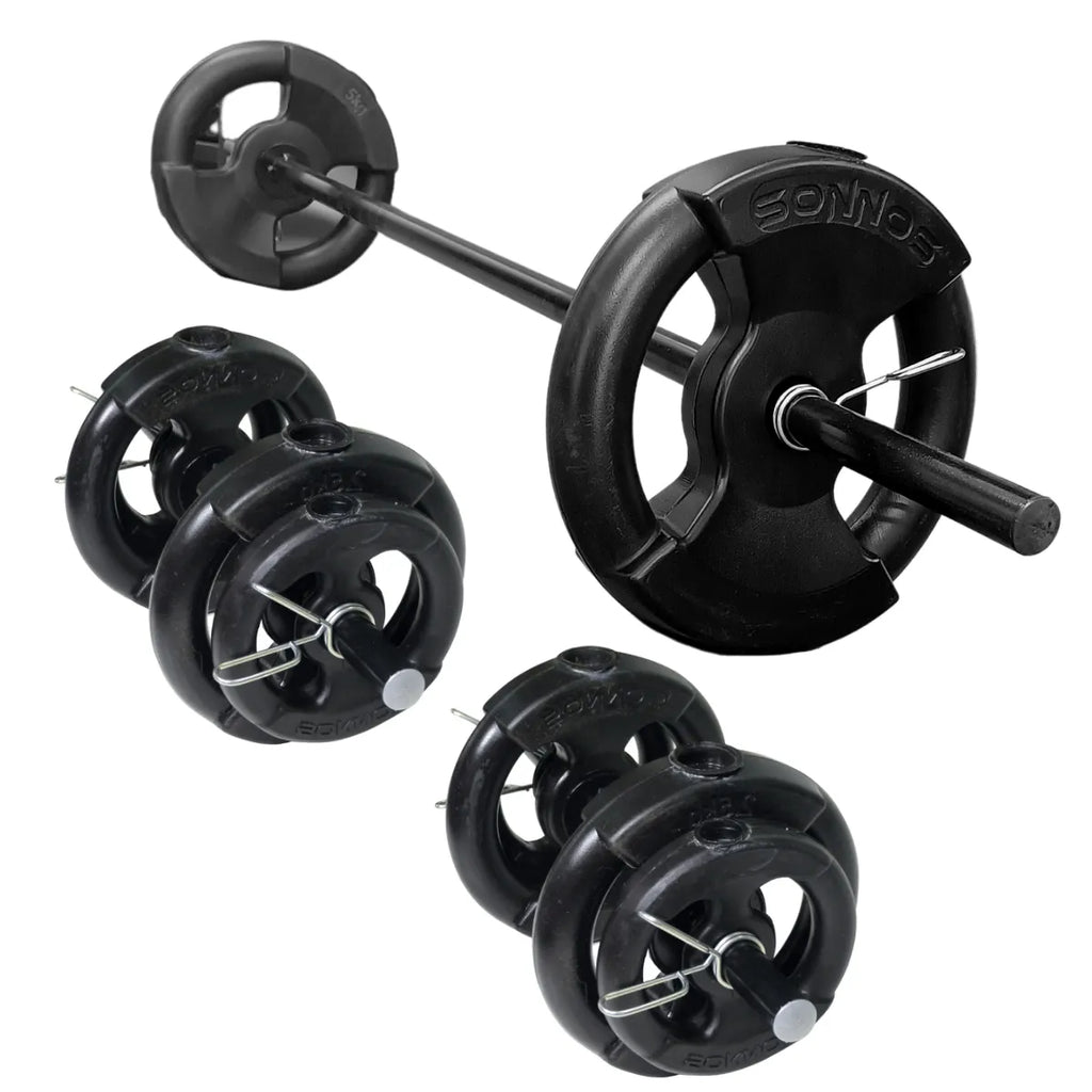 Kit Pesas 24kg con Barra 1.30m + Mancuernas + Discos PVC Negros con Manijas | Set de Fuerza Completo